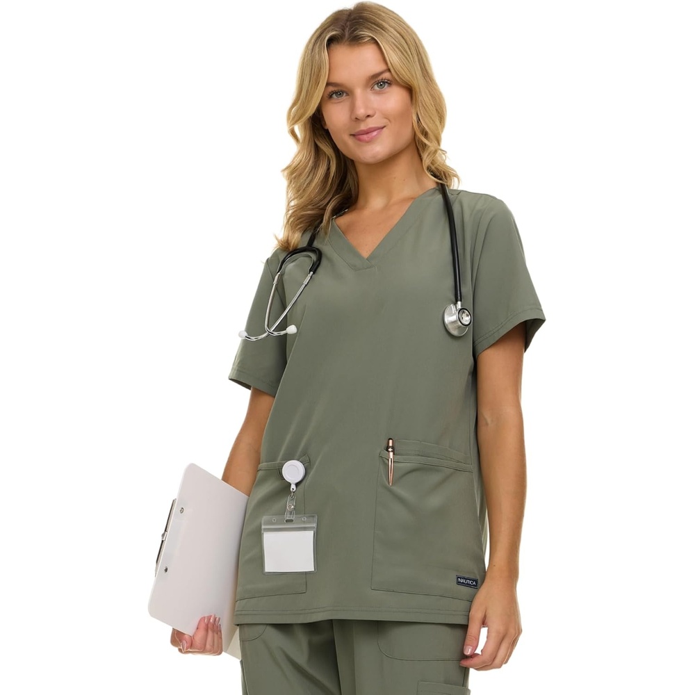 image:imageNautica Womens Scrubs Tops VNeck Breathable Scrub Tops Women 3 Pocket Stretch Fabric Scrubs for Women Medical Scrub ShirtOlive