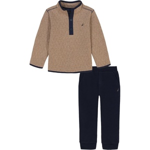 Nautica Boys’ 2 Pc 1/2 Zip and Fleece Pant Set(Appa Tan Heather/Navy Blazer)