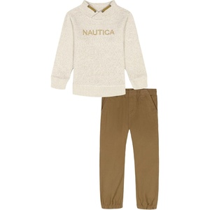 Nautica Boys’ 2 Pc Knit Top and Woven Pant Set(Farina Heather/Tiger’s Eye)
