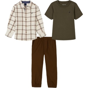 Nautica Boys’ 3pc Woven Shirt Pant Set(Grape Leaf/Farina Heather/Crew Brown)