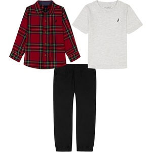 Nautica Boys’ 3pc Woven Shirt Pant Set(Whit Heather/Plaid/Deel Black)