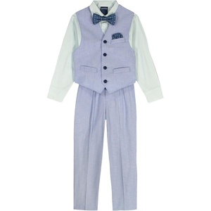 Nautica Boys’ 4-piece Formal Suit Set with Vest, Pants, Collared Dress Shirt, and Tie(Blue Linen)