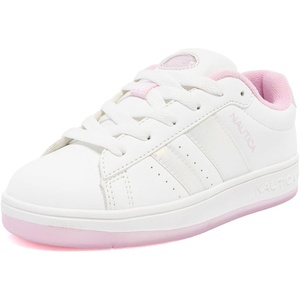 Nautica Boys Girls Casual Fashion Shoes – Comfortable Soccer Classic Walking Tennis Sneakers for Kids – Breathable, Lightweight & Flexible (Lace Up/Bungee)(White Pink Pearl)
