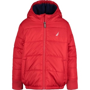 Nautica Boys’ Heavyweight Hooded Bubble Jacket With Polar Fleece Lining(Carmine/Navy)