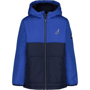Nautica Boys’ Heavyweight Hooded Bubble Jacket With Polar Fleece Lining(Colorblock Galaxy Blue)