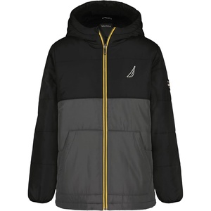 Nautica Boys’ Heavyweight Hooded Bubble Jacket With Polar Fleece Lining(Colorblock True Black)