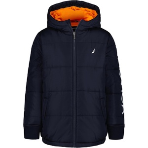 Nautica Boys’ Heavyweight Hooded Bubble Jacket With Polar Fleece Lining(Sport Navy/Orange)