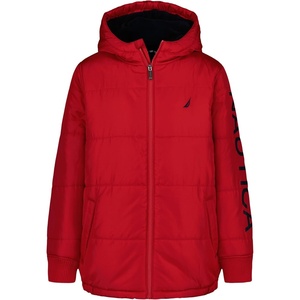Nautica Boys’ Heavyweight Hooded Bubble Jacket With Polar Fleece Lining(Tango Red/Navy)