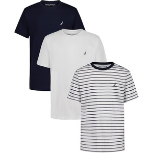 Nautica Boys’ Short Sleeve Crew Neck T-Shirt 3-Pack, Soft, Comfortable, Relaxed Fit(Bright Navy Stripe/White/Navy Seas)