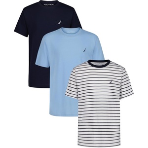 Nautica Boys’ Short Sleeve Crew Neck T-Shirt 3-Pack, Soft, Comfortable, Relaxed Fit(Navy Seas Stripe/Navy Solid/Blue Bell)
