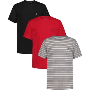Nautica Boys’ Short Sleeve Crew Neck T-Shirt 3-Pack, Soft, Comfortable, Relaxed Fit(Steeple Grey Stripe/Carmine/Black)