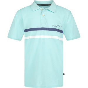 Nautica Boys Short Sleeve Fashion Polo, Button Closure, Soft & Comfortable(Double Stripe Blue Tinted)