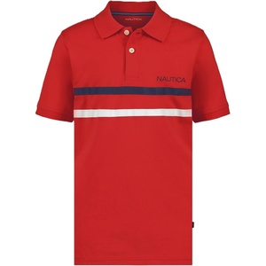 Nautica Boys Short Sleeve Fashion Polo, Button Closure, Soft & Comfortable(Double Stripe High Risk Red)