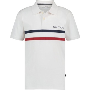 Nautica Boys Short Sleeve Fashion Polo, Button Closure, Soft & Comfortable(Double Stripe White)