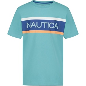 Nautica Boys’ Short Sleeve J-Class Logo Crew Neck T-Shirt, Soft, Comfortable, Relaxed Fit(Barred-stripe Beachball Blue)