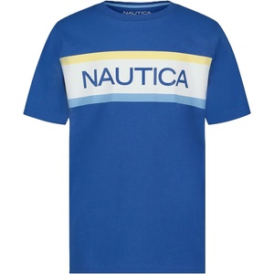 Nautica Boys’ Short Sleeve J-Class Logo Crew Neck T-Shirt, Soft, Comfortable, Relaxed Fit(Barred-stripe Windsurf Blue)