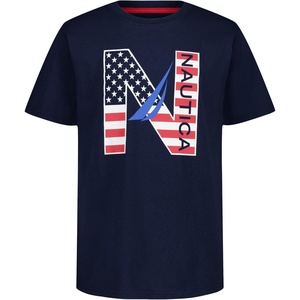 Nautica Boys’ Short Sleeve J-Class Logo Crew Neck T-Shirt, Soft, Comfortable, Relaxed Fit(Large N Flag Blueprint)