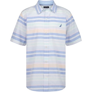 Nautica Boys Short Sleeve Woven Button-Down Shirt. Light Weight & Breathable(Cabana Stripe Cashmere Blue)
