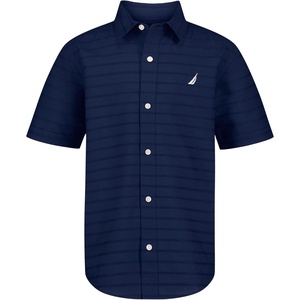 Nautica Boys Short Sleeve Woven Button-Down Shirt. Light Weight & Breathable(Dobby Medieval Blue)