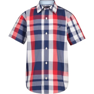 Nautica Boys Short Sleeve Woven Button-Down Shirt. Light Weight & Breathable(Large Plaid Ski Patrol)
