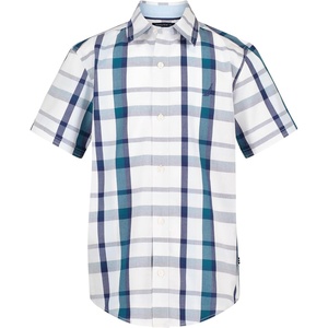 Nautica Boys Short Sleeve Woven Button-Down Shirt. Light Weight & Breathable(Neutral Plaid Ice Blue)
