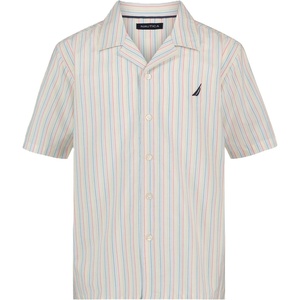 Nautica Boys Short Sleeve Woven Button-Down Shirt. Light Weight & Breathable(Rainbow Stripe on Bright White)