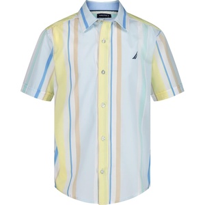 Nautica Boys Short Sleeve Woven Button-Down Shirt. Light Weight & Breathable(Sail Stripe Ice Blue)