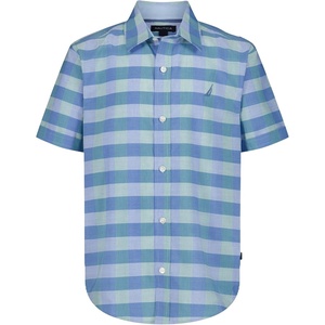 Nautica Boys Short Sleeve Woven Button-Down Shirt. Light Weight & Breathable(Spring Check Blue Tint)