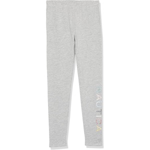 Nautica Girls’ Leggings, Full Length Pull-on Stretch Pants with Elastic Waistband & Logo Detail(Light Grey Multi)