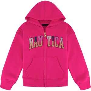 Nautica Girls’ Logo Sweatshirt, Fleece Hoodie With Full-zip Front & Pockets(Fuchsia Glitter Art)