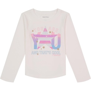 Nautica Girls’ Long Sleeve Graphic T-Shirt, Flip Sequin and Glitter Embellishments(Bright White Star)