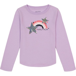 Nautica Girls’ Long Sleeve Graphic T-Shirt, Flip Sequin and Glitter Embellishments(Lavendula Rainbow)