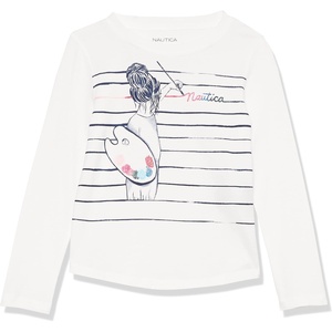 Nautica Girls’ Long Sleeve Graphic T-Shirt, Flip Sequin and Glitter Embellishments(White Paint)