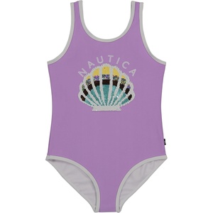 Nautica Girls One-Piece Swimsuit with UPF 50+ Sun Protection, Quick Drying Bathing Suit(Lavendula Seashell Sequin)