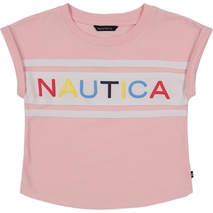 Nautica Girls’ Short Sleeve Graphic Logo T-Shirt, Everyday Casual Wear, Soft & Comfortable Fit(Almond Blossom Billboard)