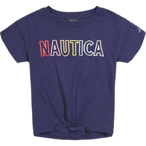 Nautica Girls’ Short Sleeve Graphic Logo T-Shirt, Everyday Casual Wear, Soft & Comfortable Fit(Peacoat Tie-front)