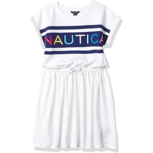Nautica Girls’ Short Sleeve Jersey Tee Dress with Elastic Cinched Waist, Fun Designs & Colors(White)