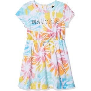 Nautica Girls’ Short Sleeve Jersey Tee Dress with Elastic Cinched Waist, Fun Designs & Colors(White Sunburst Tie Dye)