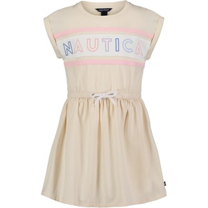 Nautica Girls’ Short Sleeve Jersey Tee Dress with Elastic Cinched Waist, Fun Designs & Colors(White Swan Logo)