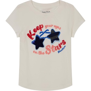 Nautica Girls Short Sleeve Legacy T-Shirt with Flip Sequin Design, Cotton Tee with Tagless Interior(Bright White Stars)