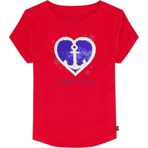 Nautica Girls Short Sleeve Legacy T-Shirt with Flip Sequin Design, Cotton Tee with Tagless Interior(Nautica Red Anchor)
