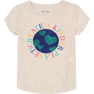 Nautica Girls Short Sleeve Legacy T-Shirt with Flip Sequin Design, Cotton Tee with Tagless Interior(Oatmeal Heather)