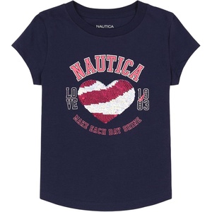 Nautica Girls Short Sleeve Legacy T-Shirt with Flip Sequin Design, Cotton Tee with Tagless Interior(Peacoat Heart Shine)