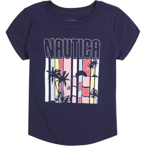 Nautica Girls Short Sleeve T-Shirt with Fun Graphic Design, Cotton Tee with Tagless Interior(Peacoat Palm)