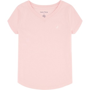 Nautica Girls’ Short Sleeve V-Neck T-Shirt, Solid Cotton Blend Tee with Tagless Interior(Almond Blossom)