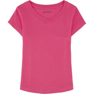 Nautica Girls’ Short Sleeve V-Neck T-Shirt, Solid Cotton Blend Tee with Tagless Interior(Carmine Rose)