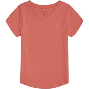 Nautica Girls’ Short Sleeve V-Neck T-Shirt, Solid Cotton Blend Tee with Tagless Interior(Georgia Peach)