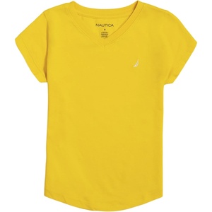 Nautica Girls’ Short Sleeve V-Neck T-Shirt, Solid Cotton Blend Tee with Tagless Interior(Lemon)