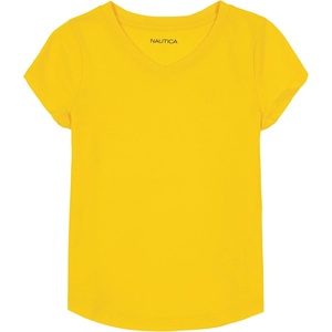 Nautica Girls’ Short Sleeve V-Neck T-Shirt, Solid Cotton Blend Tee with Tagless Interior(Maize)