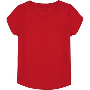 Nautica Girls’ Short Sleeve V-Neck T-Shirt, Solid Cotton Blend Tee with Tagless Interior(Nautica Red)